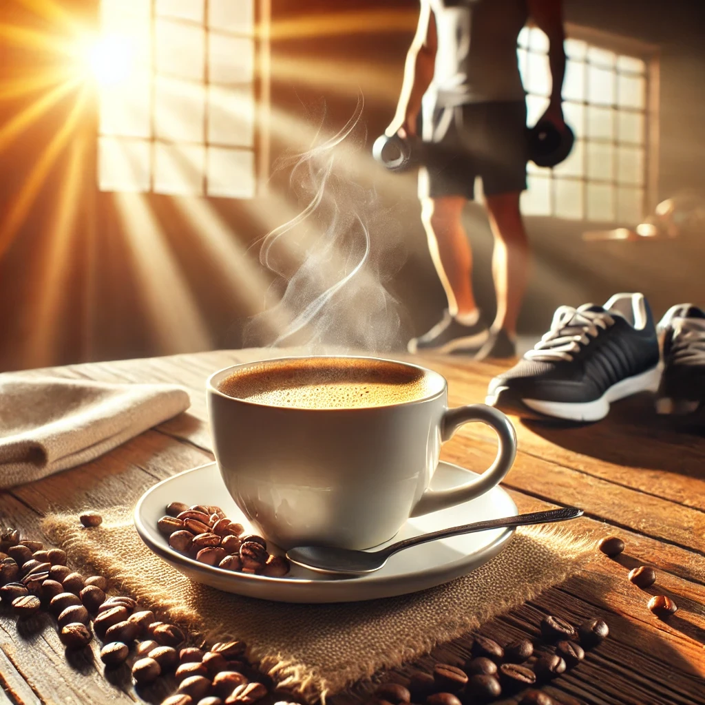 DALL·E 2024-11-13 17.07.38 – An inviting image of a steaming cup of black coffee on a wooden table, surrounded by coffee beans and subtle warm morning sunlight streaming in. In th